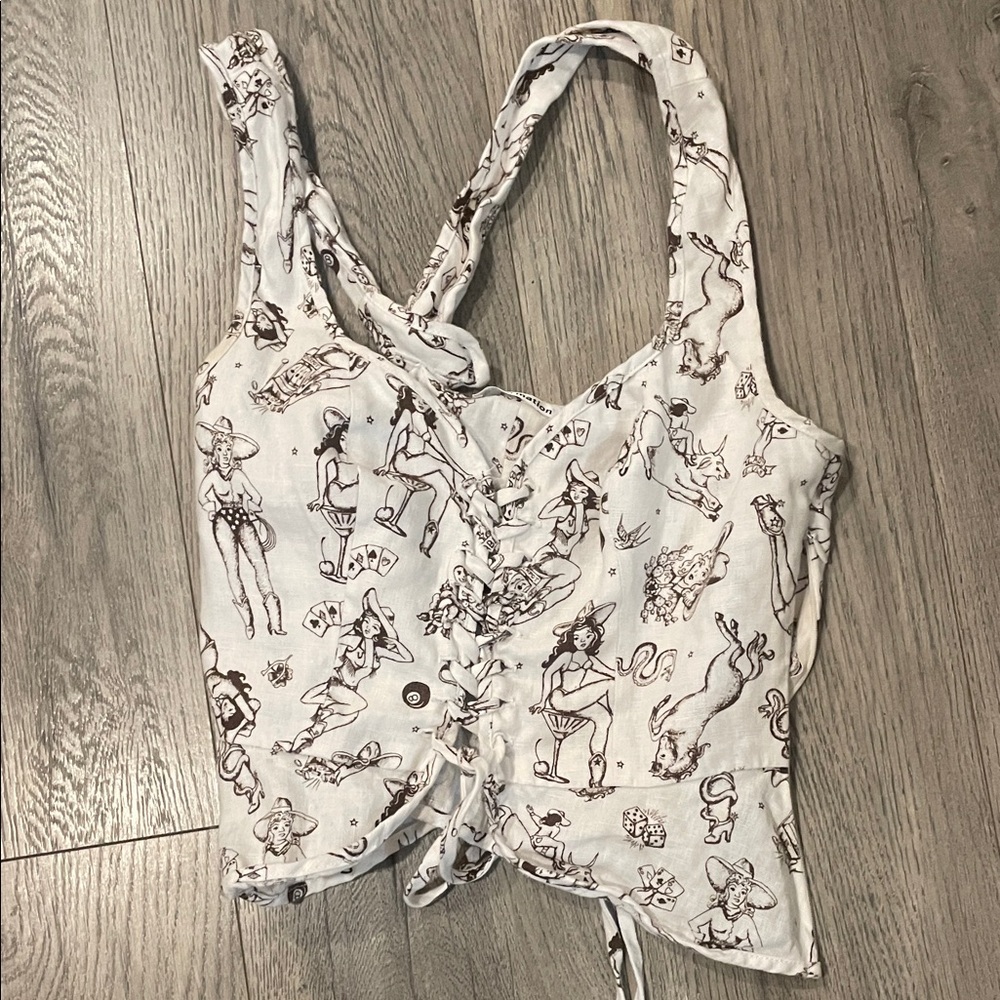 Reformation White Graphic Crop Top